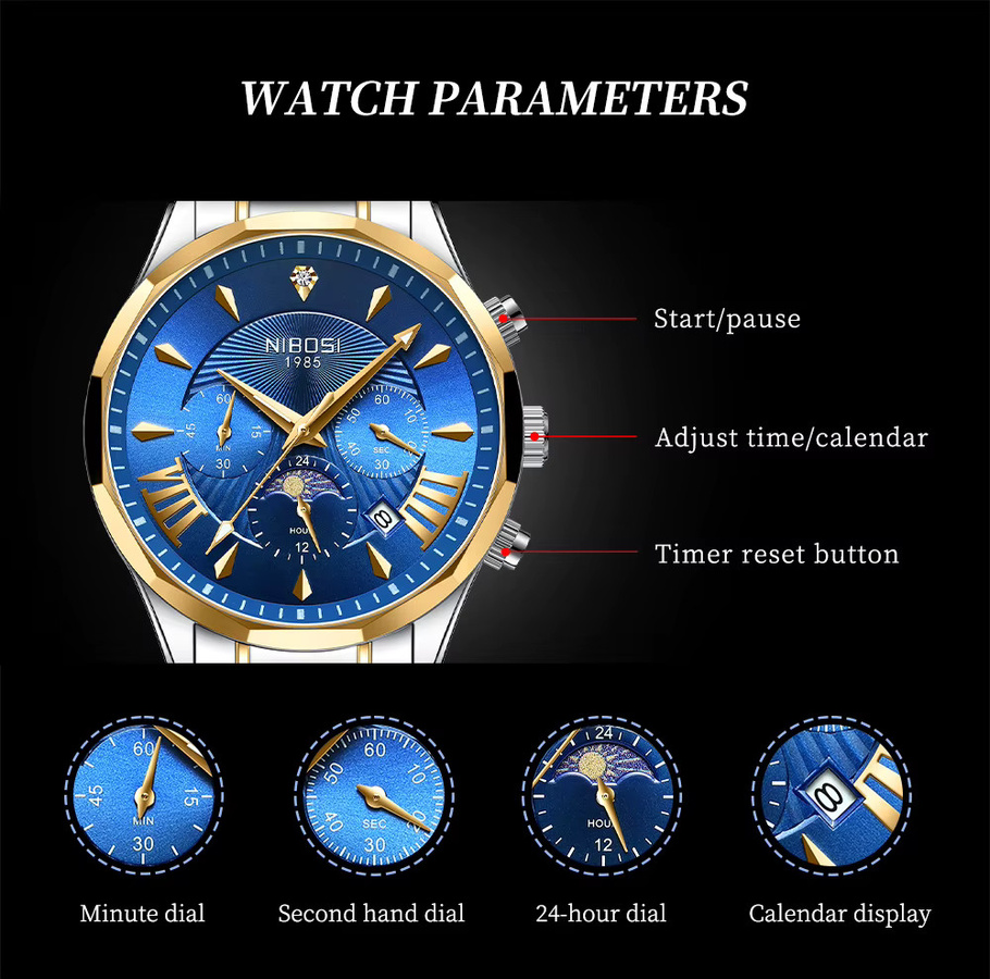 NIBOSI Chronograph, Quarz, Edelstahl, Blau, Herren - Bild 4