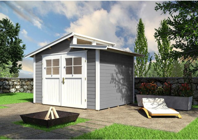 Weka Holz-Gartenhaus mit Pultdach in Grau, lasiert mit modernem Design und Holzmaserung, Höhe: 231 cm - Bild 1