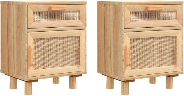 vidaXL Nachttische 2er Set aus Massivholz Kiefer und Natur-Rattan in Braun im skandinavischen Design - Bild 1