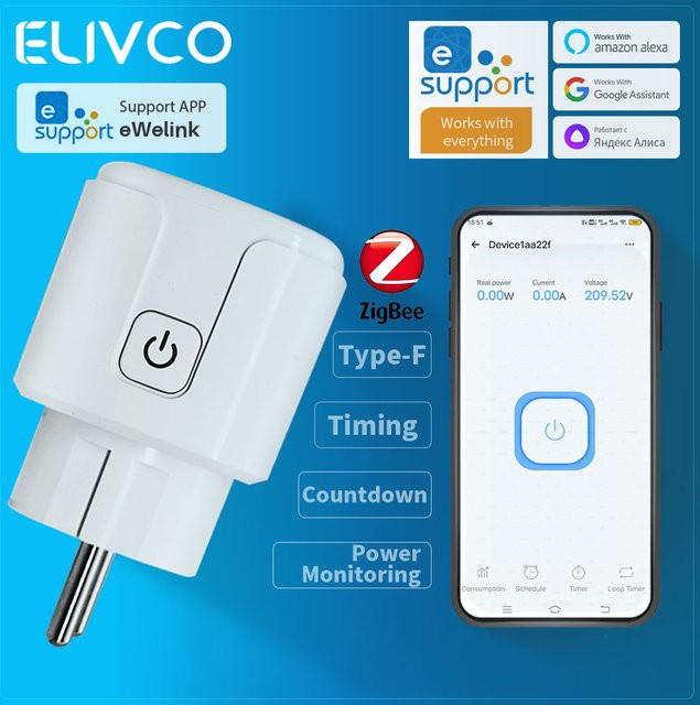 Elivco eWelink Zigbee Smart-Steckdose in Weiß mit Timer, Countdown und Stromüberwachung, kompatibel mit Google Assistant, Alexa und Home Assistant - Bild 1