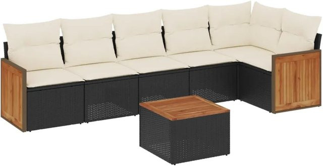 vidaXL 7-tlg Garten-Sofagarnitur L-Form aus Polyrattan in Schwarz mit cremeweißen Kissen - Bild 1
