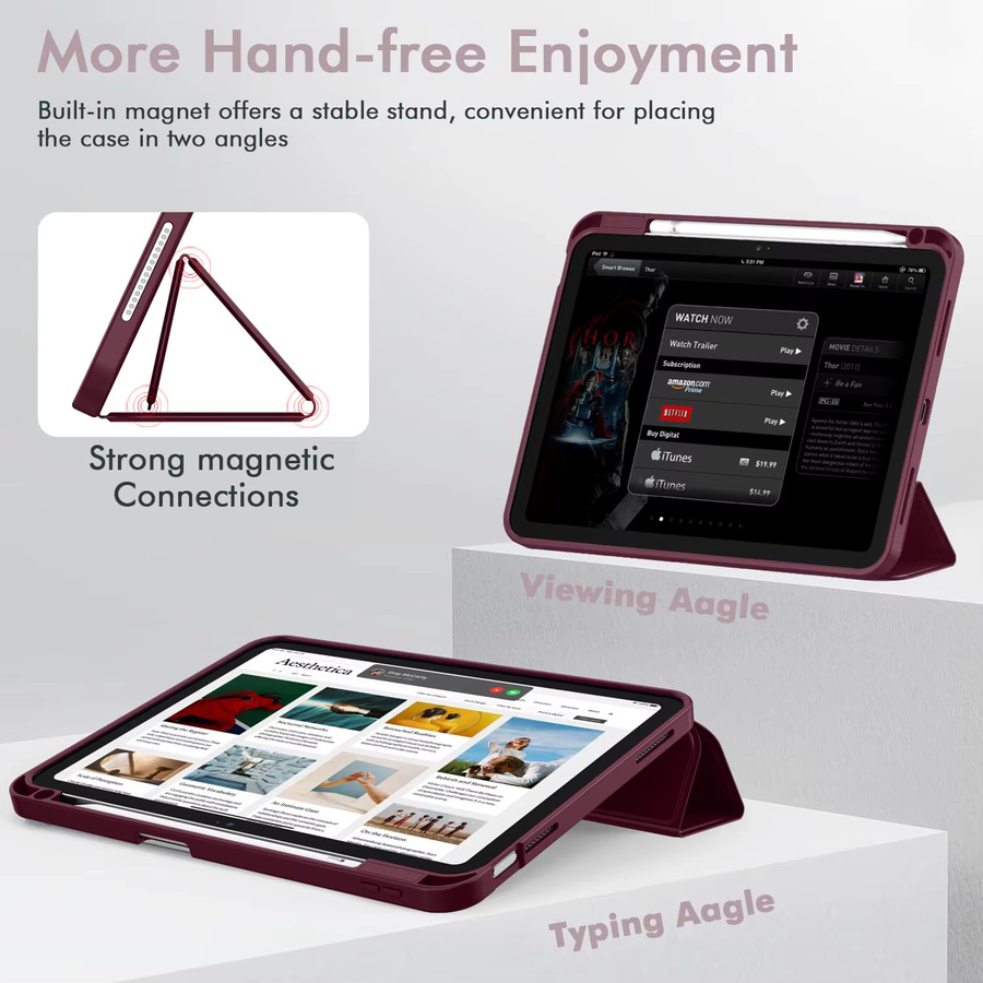 Tzion iPad Hülle für iPad 11. und 10. Generation 11/10,9 Zoll in Pink mit Stifthalter und Auto-Schlaf-Wach-Funktion sowie Dreifach-Faltständer aus weichem TPU - Bild 2