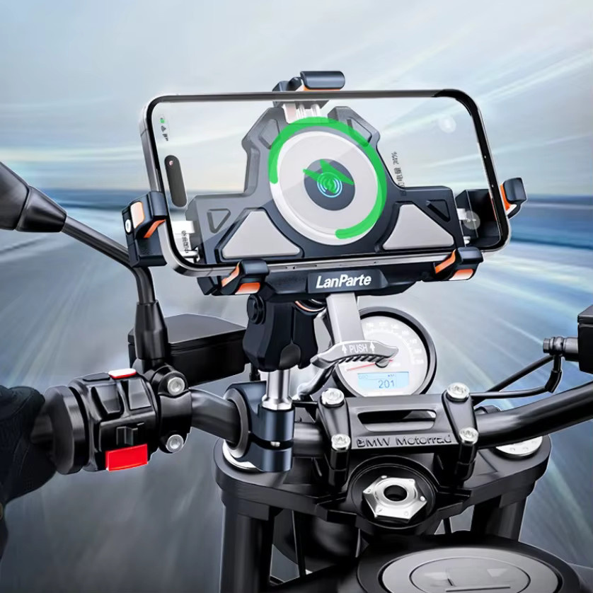 VIKEFON Motorrad und Fahrrad Handyhalterung aus Metall mit 15 W kabellosem Schnellladegerät und 4 Vibrationsdämpfern in Schwarz - Bild 2