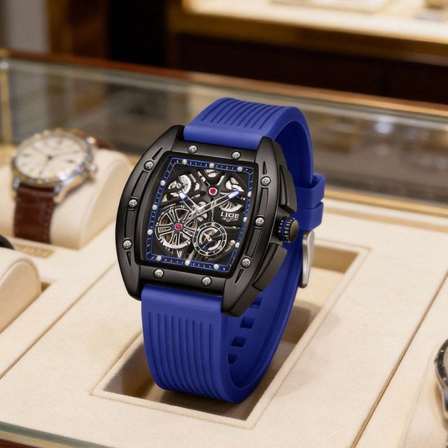 LIGE Armbanduhr Automatik, Sporttaucheruhr, Silikon, Schwarz, Orange, Herren - Bild 1