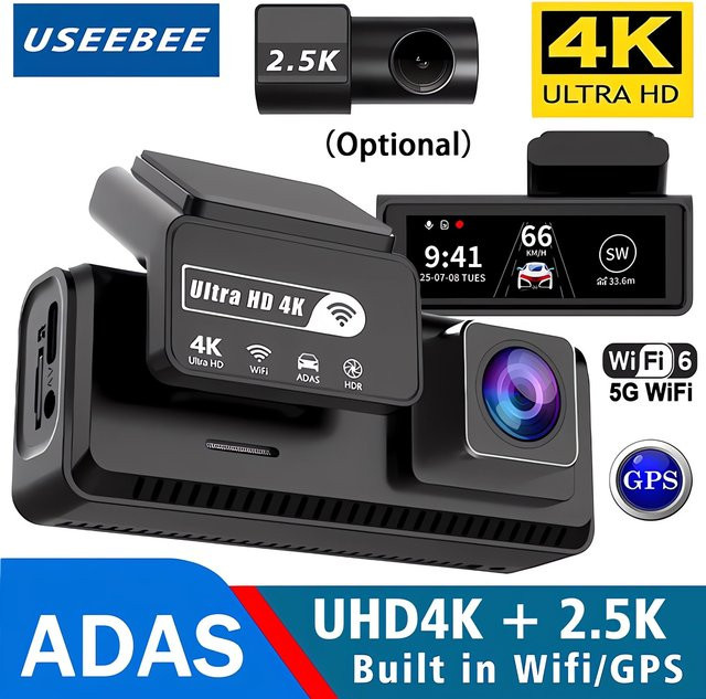 USEEBEE Dashcam mit Doppellinse: 4K UHD Auto-DVR mit 2.5K Rückkamera, ADAS, WLAN und GPS in Schwarz - Bild 1