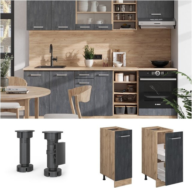 Vicco Apothekerunterschrank R-Line in Schwarz Beton und Eiche mit Arbeitsplatte - Bild 1