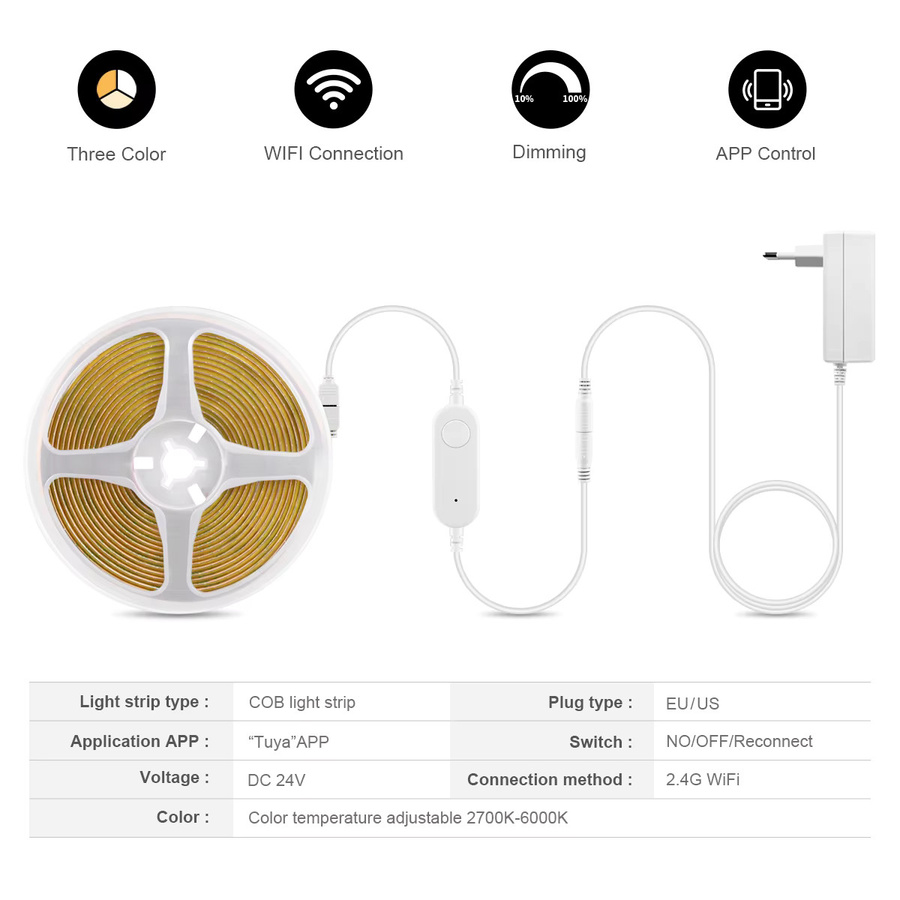 Rybakov Tuya Smart Home COB LED Streifen mit WiFi und Alexa Steuerung, CCT 2700K-6500K dimmbar, Farbe Weiß - Bild 2