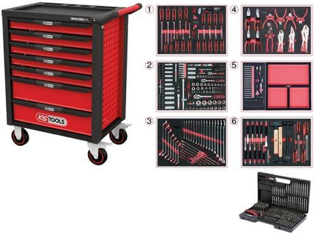 KS Tools RACINGline Werkstattwagen aus Stahlblech mit 7 Schubladen und 598 Premium-Werkzeugen in Schwarz und Rot - Bild 2