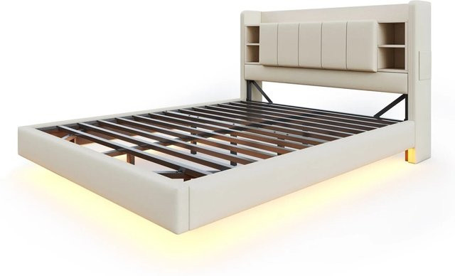 Merax Polsterbett in Beige mit USB-Anschluss, LED-Unterbettbeleuchtung und Ablagefach, B/T/H: 140 x 200 x 101 cm - Bild 1