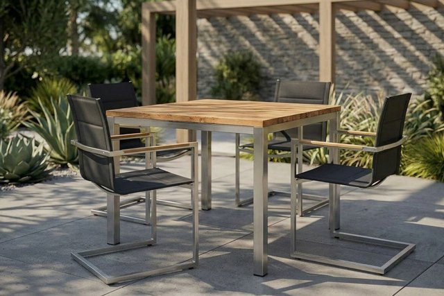 OUTFLEXX Garten-Essgruppe aus Edelstahl und recyceltem Teakholz in Schwarz mit Tisch und 4 gepolsterten Freischwinger-Stühlen, Tisch B: 90 cm, T: 90 cm, H: 76 cm - Bild 1