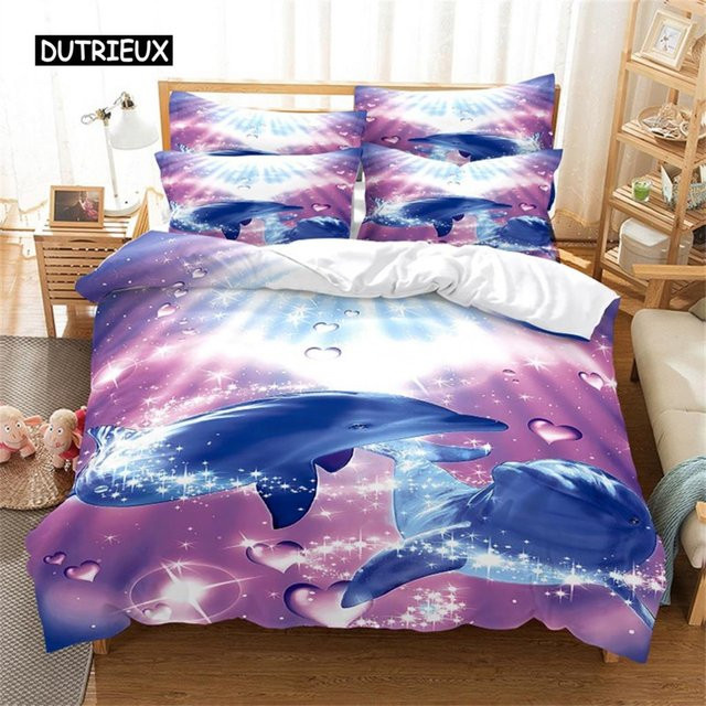 Bettwäsche Set mit Delfin-Motiv von Binchi Outdoor Product in Blau, bestehend aus Bettbezug und Kissenbezug, B/H: 135 x 200 cm - Bild 1