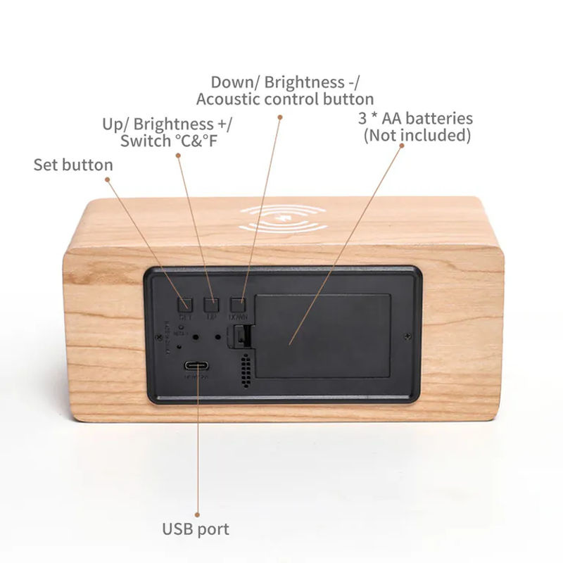 TOMTOP JMS Digitaler Holz-Wecker mit LED-Anzeige, 10W Wireless Charging, Thermometer und Datumsanzeige, Schwarz - Bild 4