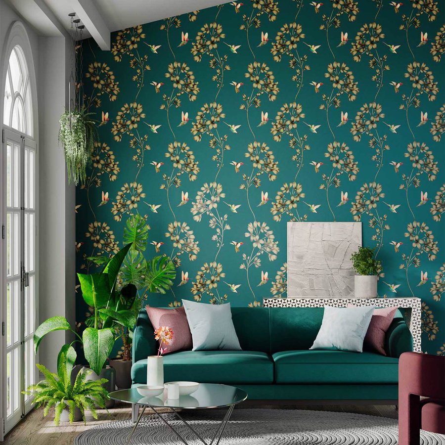 Harlequin Tapete Amazilia Vlies mit botanischem und floralem Design in Petrol und Gold - Bild 1