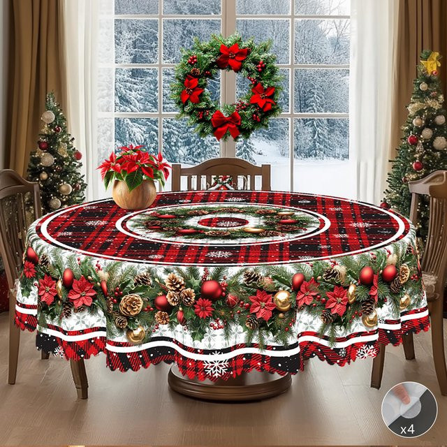 JINGYUE Pet Weihnachts-Tischdecke im Vintage-Bauernhaus-Stil mit Weihnachtsmann, Rentier und Weihnachtsbaum, rot, B: 220 cm, T: 152 cm - Bild 1