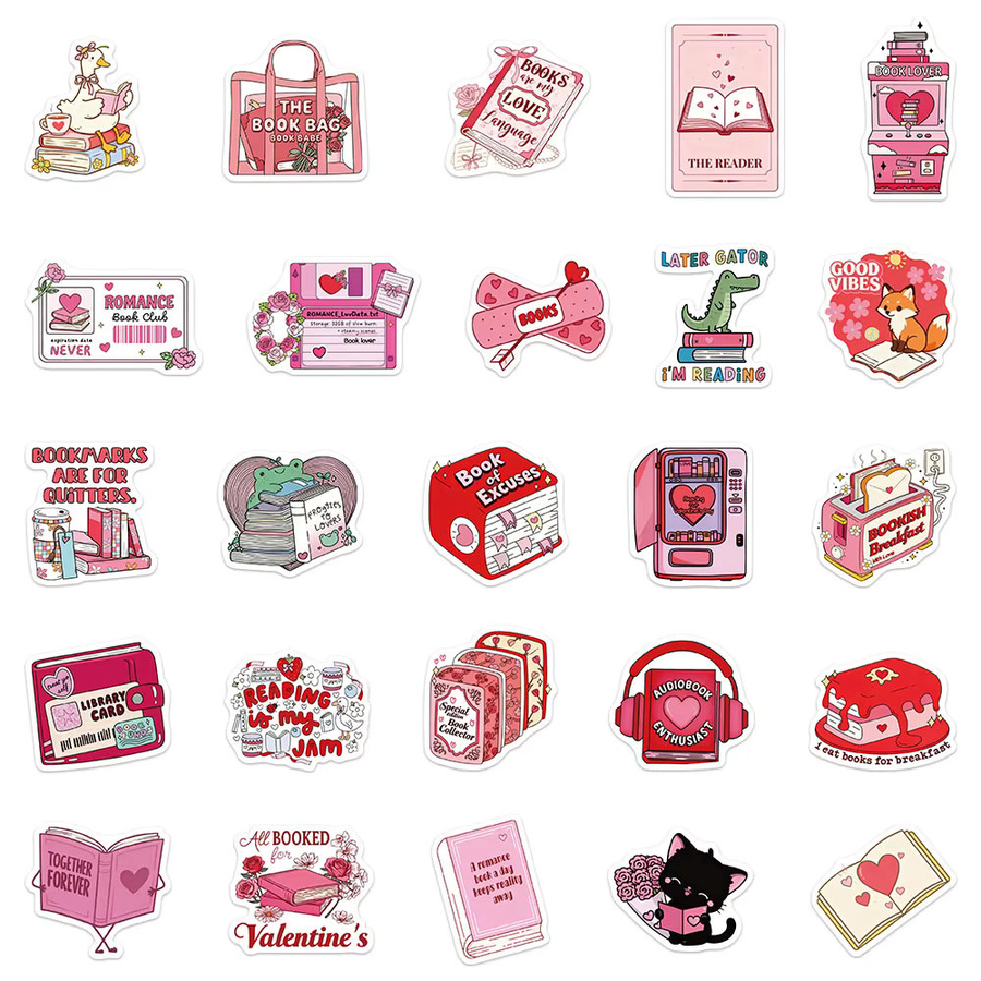 50 Stück Valentinstag Bookish Aufkleber in Multicolour für Laptop, Scrapbook und Skateboard, wasserfeste DIY ästhetische Aufkleber - Bild 3