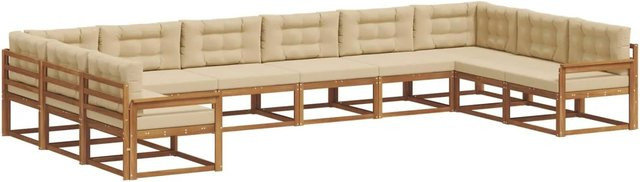 vidaXL Outdoor-Sofagarnitur aus massivem Akazienholz mit 10-teiligem Set und Kissen in Natur und Beige - Bild 1