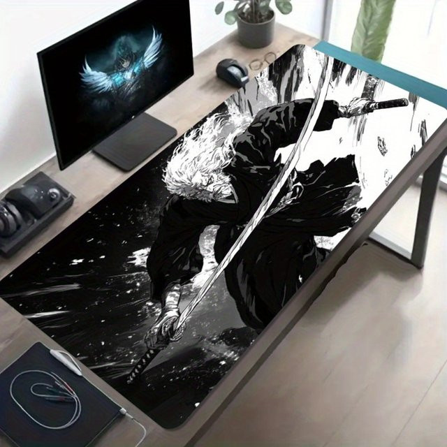 Extra großes Gaming-Mauspad mit Samurai-Schwert-Design in Weiß und Multicolour, rutschfeste und waschbare Schreibtischunterlage für PC und Büro - Bild 1
