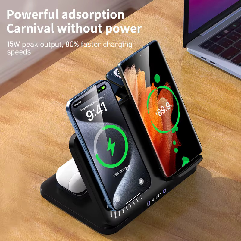 VIKEFON 4-in-1 Dual-Handy Kabelloses Ladegerät Magnetischer Schnellladeständer für iPhone, Samsung, Xiaomi und Apple Watch in Schwarz - Bild 2