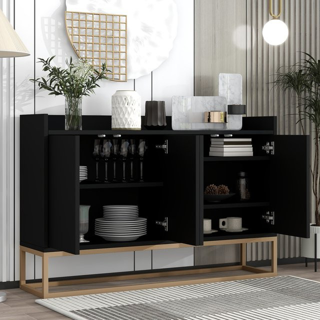 Anajqaqia Moderner 4-türiger Schubladenschrank aus Holz in Schwarz mit goldfarbenen Metallbeinen, B/T/H: 120 x 30 x 80 cm - Bild 1