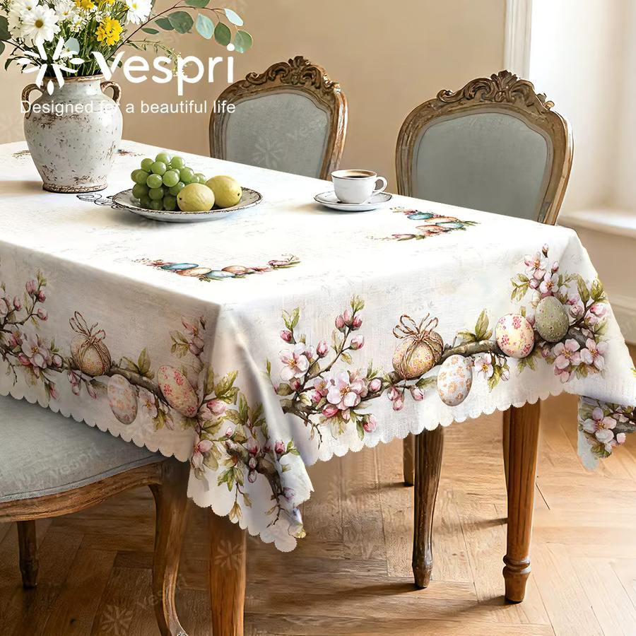 Vespri Frühlingstischdecke aus Leinen mit Blumenmuster in Pastellrosa und Weiß für Ostern - Bild 2