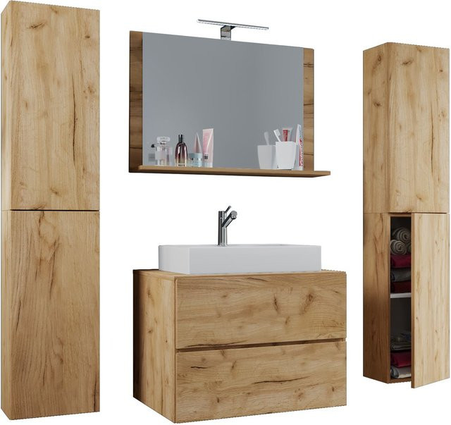 VCM Badmöbel Set Lendas XL in Honig-Eiche, 5-tlg. Waschplatz mit Keramik-Waschbecken, Unterschrank, Spiegel und 2 Seitenschränken, Breite: 80 cm - Bild 1