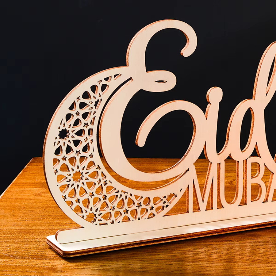 Kreatives Ramadan-Dekorationsornament Eid Mubarak aus Holz in Gold mit Mond-Motiv - Bild 4