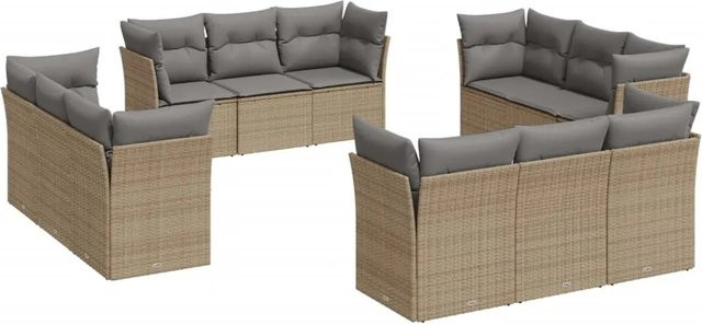 vidaXL 12-tlg. Garten-Sofagarnitur in L-Form aus Poly-Rattan mit Kissen in Beige und Grau - Bild 1