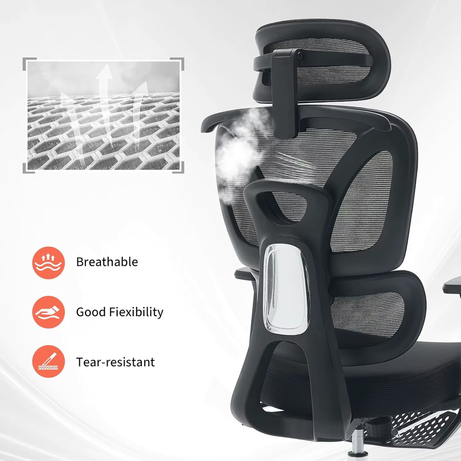 HiMISS Ergonomischer Bürostuhl in Schwarz und Grau mit Kopfstütze, Armlehnen und Rollen, moderner Schreibtischstuhl aus Stoff mit Schwenkfunktion - Bild 3