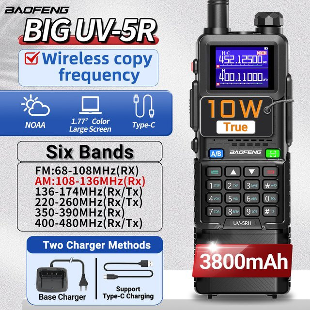 Baofeng UV-5RH Walkie Talkie mit 10 W, Air Band, 3800 mAh Akku und Typ-C Anschluss, Farbe: Schwarz - Bild 1