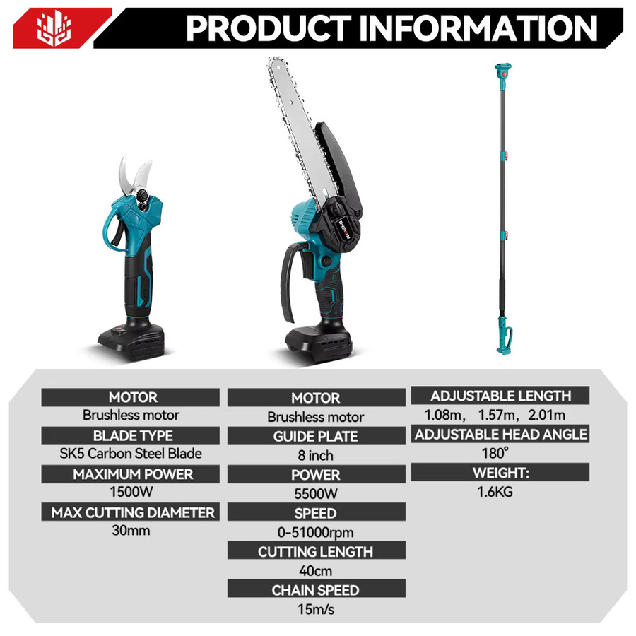 ONEVAN 4-in-1 Teleskop-Elektrokettensäge und Astschere mit bürstenlosem Motor, kompatibel mit Makita 18V LXT Akku, Blau - Bild 3
