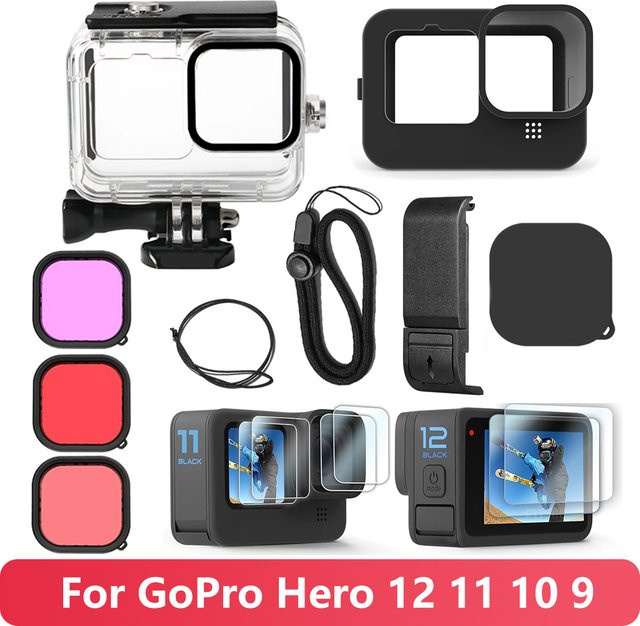 GoPro Action Camera Zubehör-Set für Hero 13 12 11 10 9 mit wasserdichtem Gehäuse, Silikonhülle, Displayschutzfolien, Batterieseitenabdeckung und Filtern - Bild 1