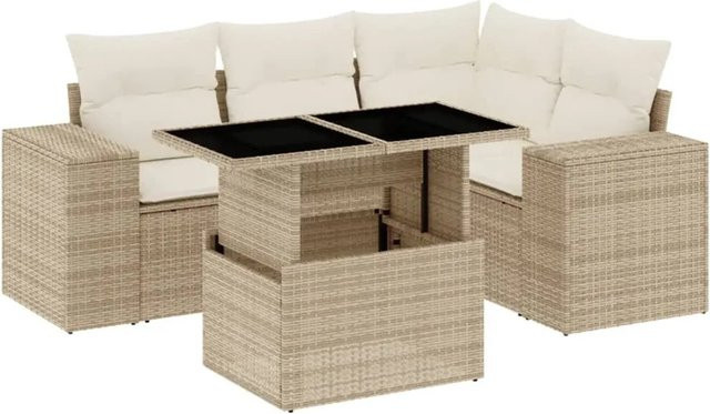 vidaXL 5-teilige Garten-Sofagarnitur in L-Form aus Poly-Rattan mit Kissen in Beige-Creme - Bild 1