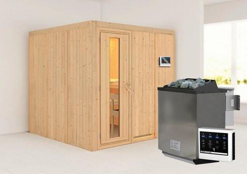 Karibu Sauna Valga aus Fichtenholz in Beige für 4 Personen inklusive 9 kW Bio-Kombi-Saunaofen mit externer Steuerung B: 196 cm, T: 198 cm, H: 196 cm - Bild 1