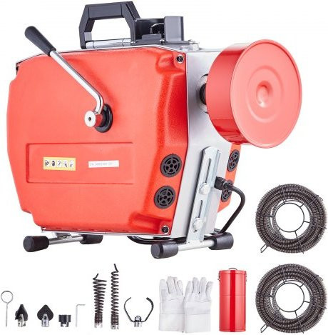 VEVOR Elektrische Rohrreinigungsmaschine 420W mit manueller Zuführung, rote Rohrreinigungsspirale inklusive 6 Schneidern und 2 Stahlkabeln für Rohre von 1,9 bis 6 Zoll - Bild 1