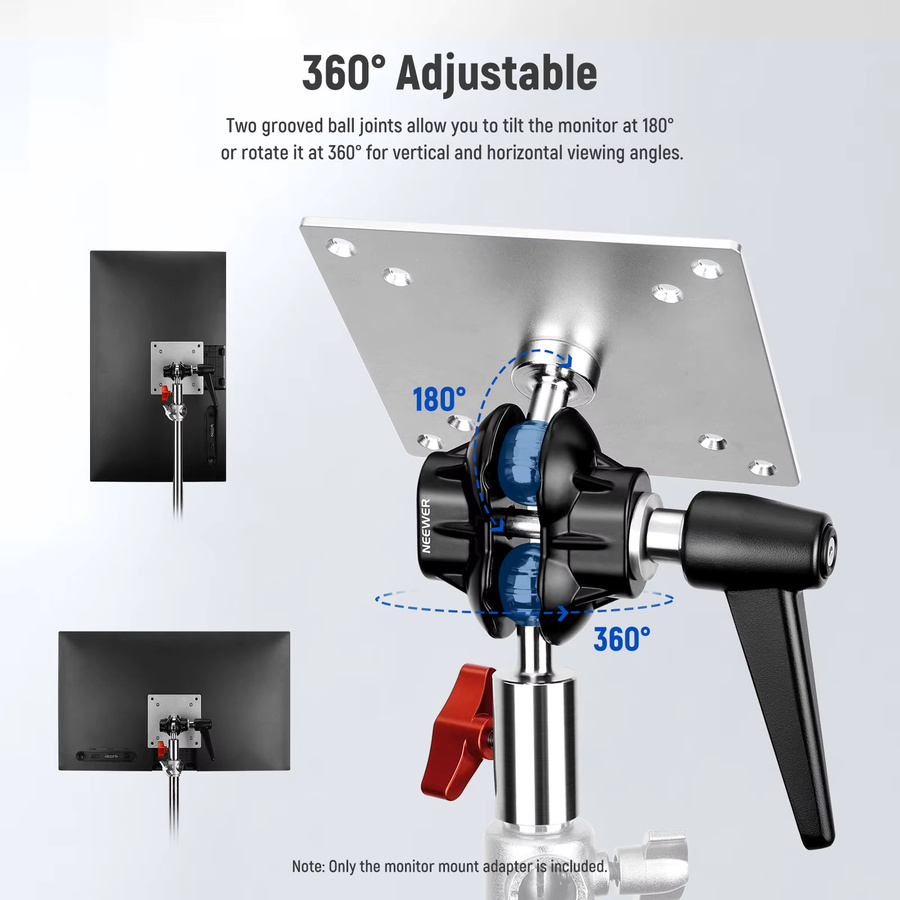 NEEWER Monitor-Mount-Adapter mit VESA-Halterung aus Aluminiumlegierung in Silber mit verstellbarem 360 Grad Dual-Kugelgelenk, M4 Schraube und 5/8 Zoll Anschluss - Bild 2