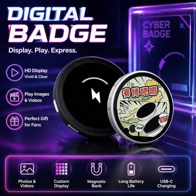 Anime E-Abzeichen LED-Anzeigepin mit 1,7 Zoll Touchscreen und Videowiedergabe in Lila - Bild 1