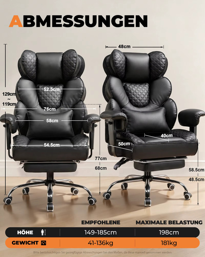 COMHOMA Ergonomischer Gaming Stuhl in Schwarz mit verstellbarer Lendenstütze, Fußstütze und Kopfstütze, Hybrid-Design als hoher Chefsessel für Home Office und Gaming, belastbar bis 180 kg - Bild 5