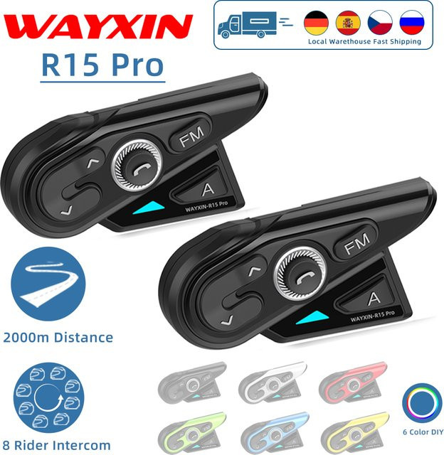 WAYXIN R15 Pro Helm-Headset in Schwarz: Wasserdichte Motorrad-Gegensprechanlage mit FM-Radio und universeller Kopplung für bis zu 8 Fahrer - Bild 1