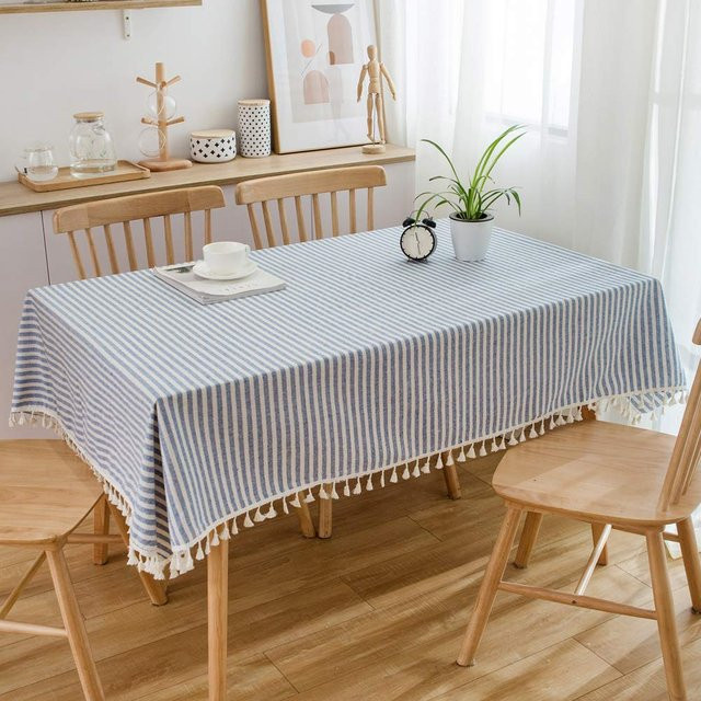 Gestreifte Tischdecke aus Baumwoll-Leinen-Mischgewebe mit Quasten in Blau, B/B: 90 x 90 cm - Bild 1