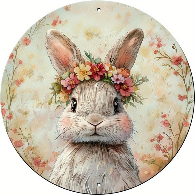 Potdemiel Rundes Metall-Blechschild Hase-Kaninchen Frühlingsdekoration Oster-Wandkunst im Landhausstil Durchmesser: 20,3 cm - Bild 1
