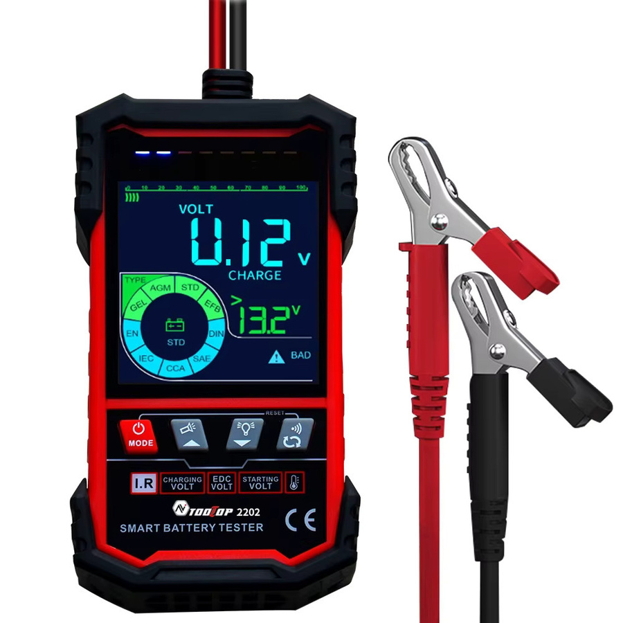 TOOLTOP Autobatterietester für 12V und 24V mit 3,2 Zoll Display zur Messung von Innenwiderstand, Batteriespannung und Temperatur in Schwarz - Bild 3