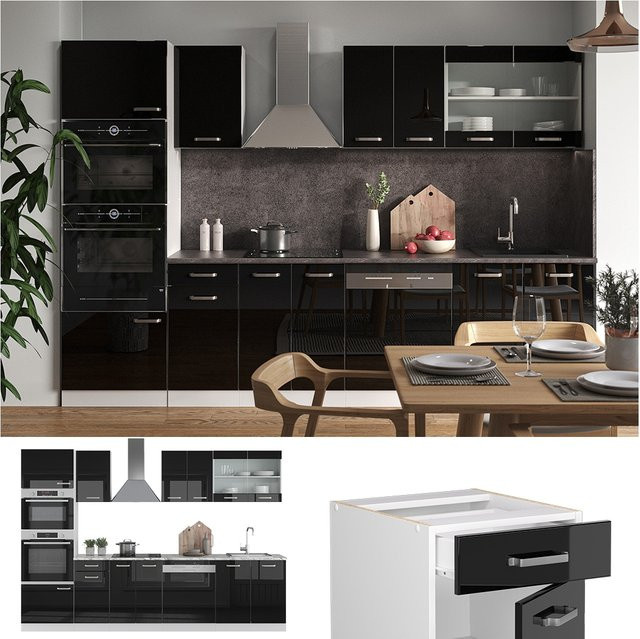 Vicco Küchenzeile R-Line Solid in Weiß und Schwarz mit Marmor Arbeitsplatte, Breite: 300 cm - Bild 1