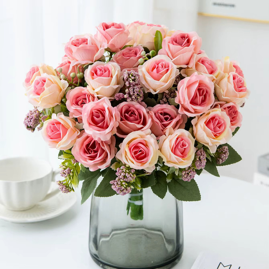 TTCY Seidenrosen Bouquet Pink – Künstliche Blumen für Valentinstag, Hochzeit und Tischdekoration - Bild 1