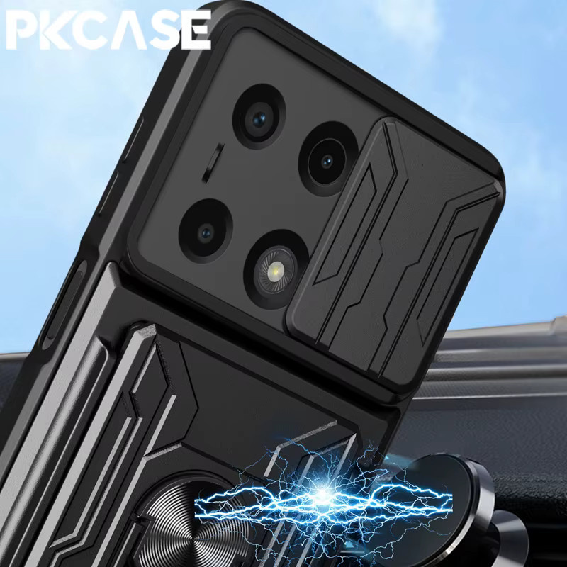 PKCASE Stoßfeste Handyhülle mit Kartensteckplatz und magnetischem Push-Window für Xiaomi 15 Ultra, 15T, 14, 14T und 13 Pro in Schwarz oder Blau - Bild 3