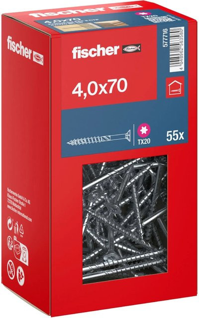 Fischer PowerFast II Senkkopf Schraube mit Torx-Antrieb und Teilgewinde aus verzinktem Stahl, Durchmesser: 4 mm, Länge: 70 mm, 55 Stück - Bild 1