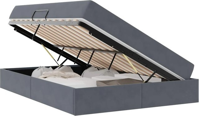 vidaXL Stauraumbett mit Matratze aus Samt in Dunkelgrau, B/T/H: 140 x 190 x 43,5 cm - Bild 1