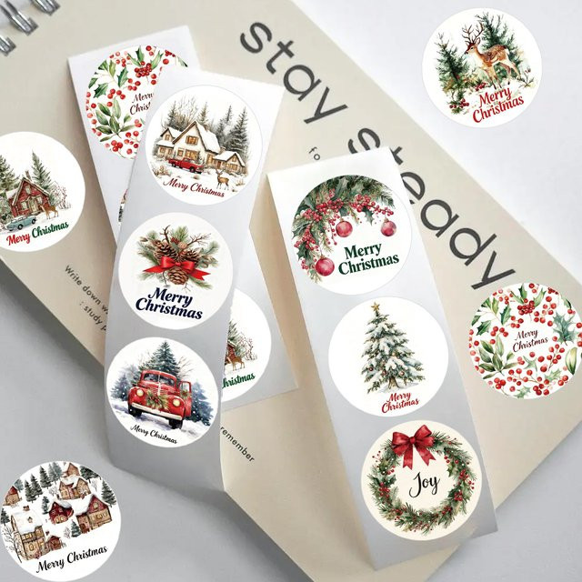 500 Stück Weihnachts Aufkleber Set mit Motiv Schnee, Tannenbaum und Elch in Mehrfarbig für Umschläge, Einladungen und Geschenktüten - Bild 1