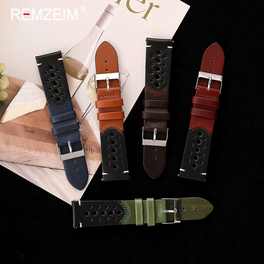 REMZEIM Uhrenarmband Leder, Genäht, Ölgewachstes Kalbsleder, 20mm 22mm - Bild 2