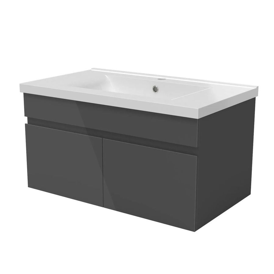 AICA Badmöbel BERGEN 2-teiliges Waschtisch-Set mit Keramik-Waschtisch und Unterschrank, Anthrazit Hochglanz, Grifflos, Softclose-Türen, Breite: 80 cm - Bild 2