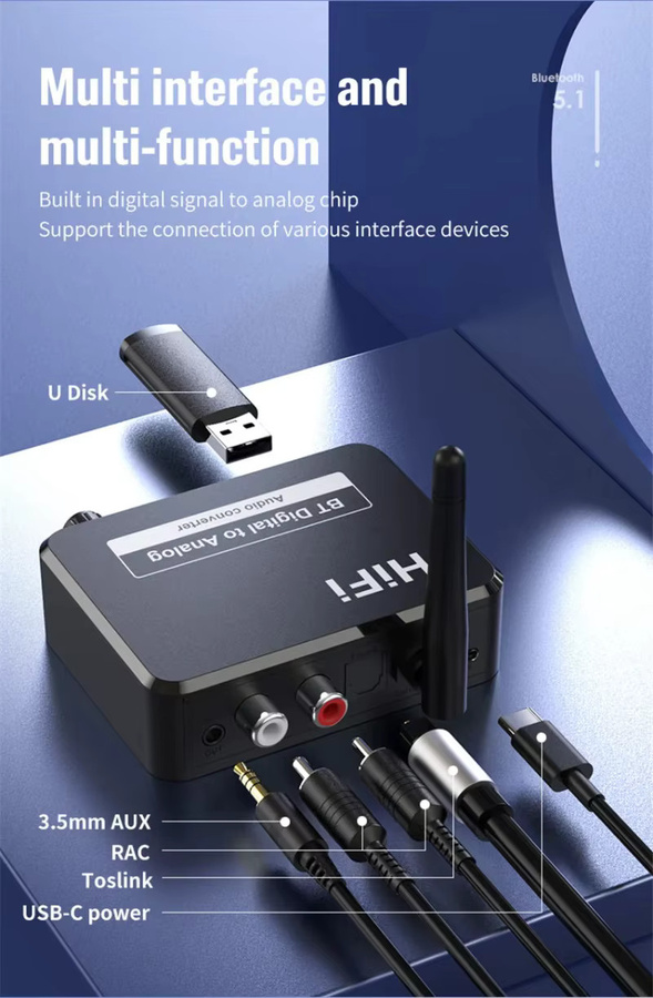 VIKEFON Analog Audio DAC Konverter: Digital SPDIF Optical Toslink auf 3,5 mm AUX Jack und RCA L/R mit Bluetooth 5.0 Empfänger, Schwarz - Bild 3
